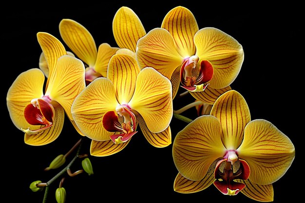 Photo fleurs d'orchidées phalaenopsis à rayures jaunes sur fond noir