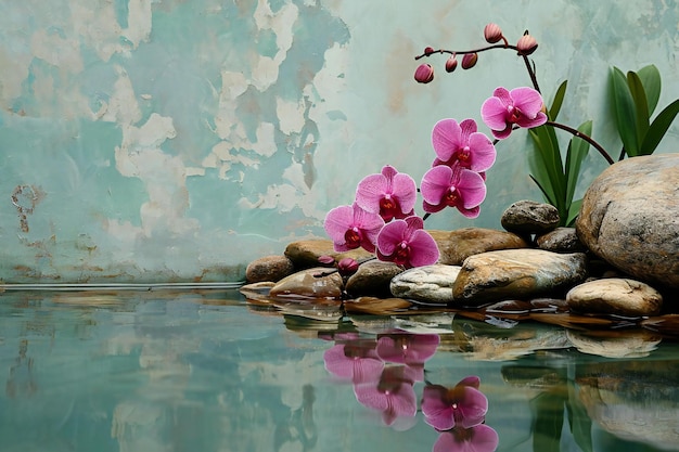 Des fleurs d'orchidées roses et des pierres zen dans l'eau avec réflexion