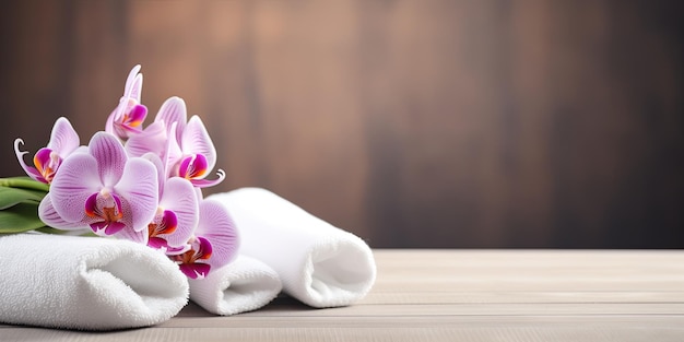 Fleurs d'orchidées sur table avec espace de copie avec une serviette