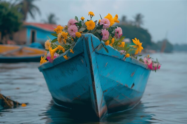 Photo des fleurs ornées d'un bateau bleu amarré