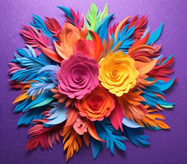 des fleurs en papier aux couleurs vives sont disposées sur un fond violet ai génératif