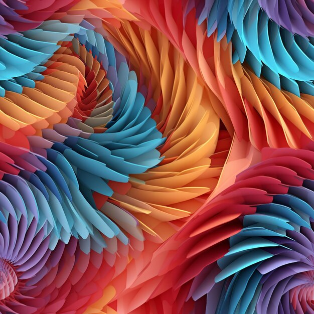 Des fleurs en papier aux couleurs vives sont disposées selon un motif en spirale ai génératif