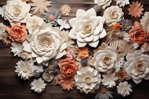 Des fleurs de papier disposées sur un fond en bois