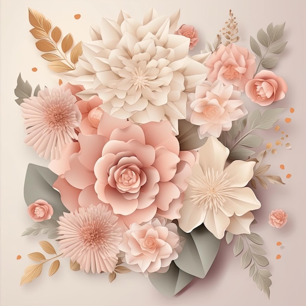 Fleurs en papier avec feuilles et fleurs sur fond rose