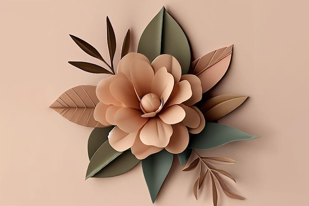 Fleurs en papier avec feuilles sur fond beige