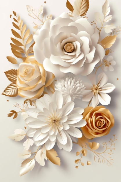 Fleurs en papier avec des feuilles d'or et un fond blanc.