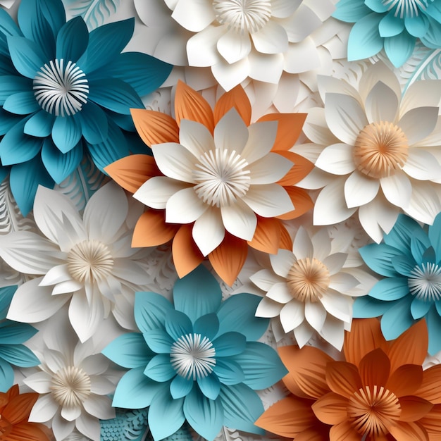 Fleurs en papier à fond bleu et blanc