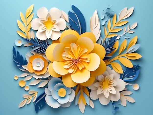 Fleurs en papier avec un fond bleu