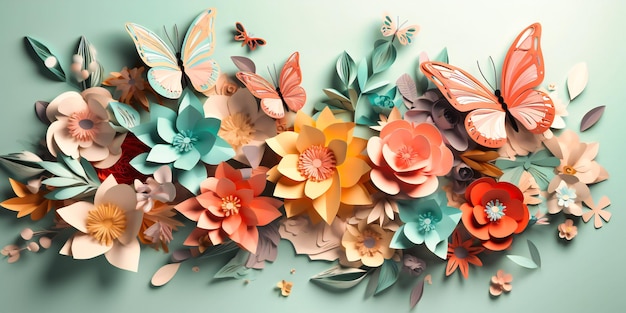Photo fleurs en papier avec papillons et feuilles