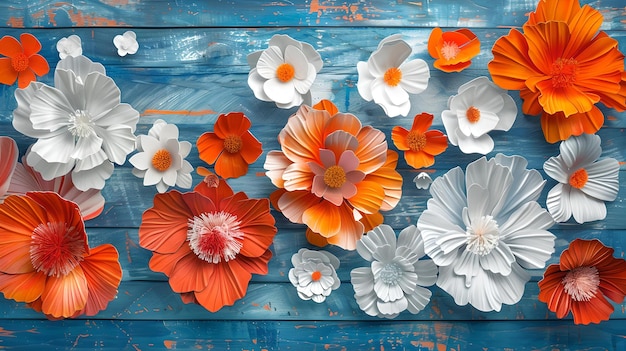 Des fleurs de papier vibrantes éparpillées sur une surface en bois capturent l'essence d'un artisanat fait à la main simple élégant parfait pour la décoration contenu sur le thème de l'IA