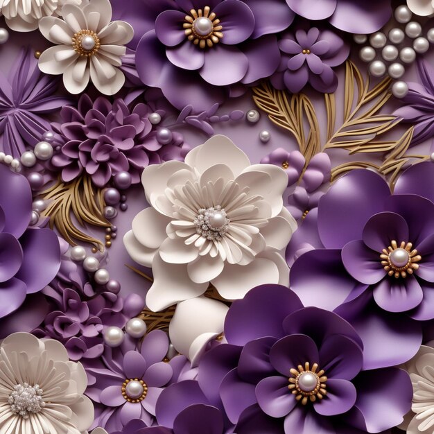 fleurs de papier violet et blanc avec perles et feuilles génératives ai