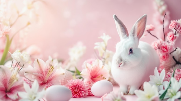 Photo des fleurs de pâques et un lapin en arrière-plan