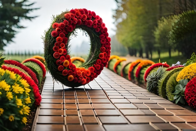 Des fleurs sur une passerelle humide