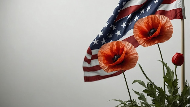 fleurs de pavot rouge avec drapeau américain bâton unique flottant fond blanc entièrement décoré