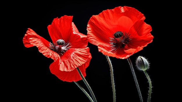 Des fleurs de pavot rouges sur un fond noir