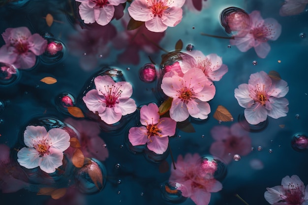 Photo des fleurs de pêche roses flottant sur l'eau azur génèrent ai