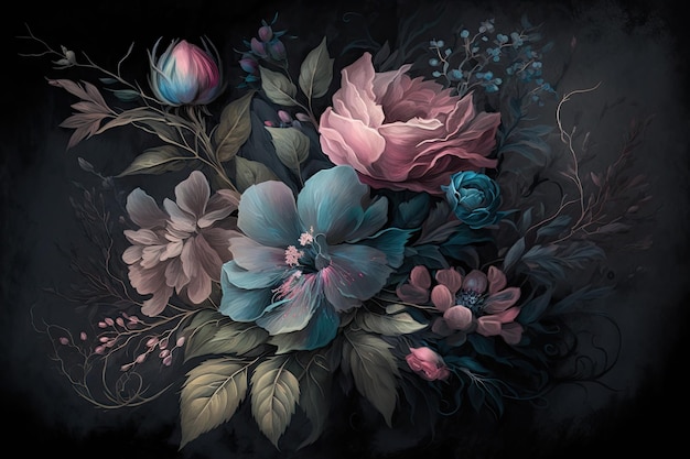 Fleurs peintes en pastel bleu et rose subtilement texturées fond de mauvaise humeur sombre AI générative AIG15