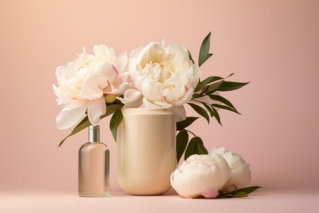 Des fleurs de pioie blanches et une bouteille de pommade