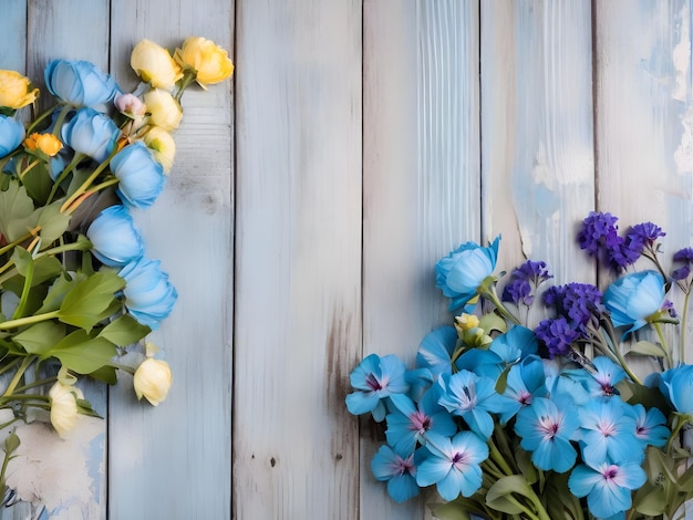 Des fleurs de pioie roses sur un fond bleu en bois vintage