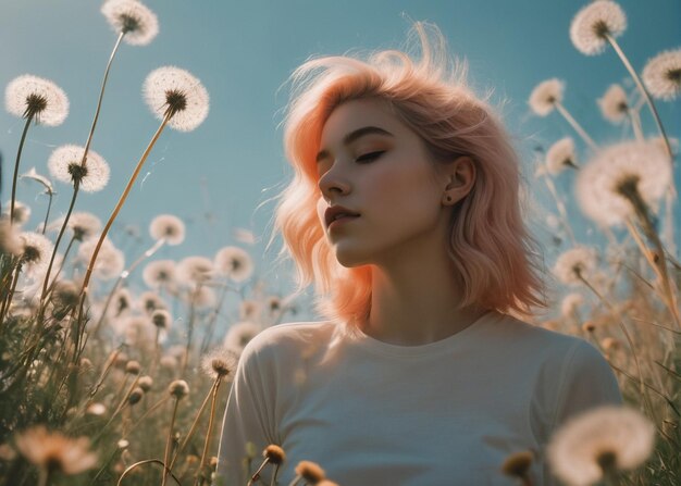 Des fleurs de pissenlit et une fille immergées dans le concept photo combinés avec une pêche douce