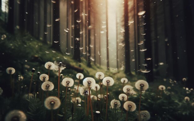 Des fleurs de pissenlit flottant dans l'air sur un fond forestier flou