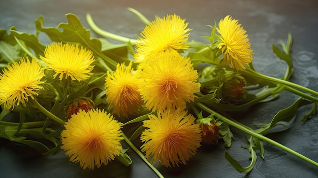 Des fleurs de pissenlit fraîches et comestibles en jaune vif pour les salades de printemps et d'été