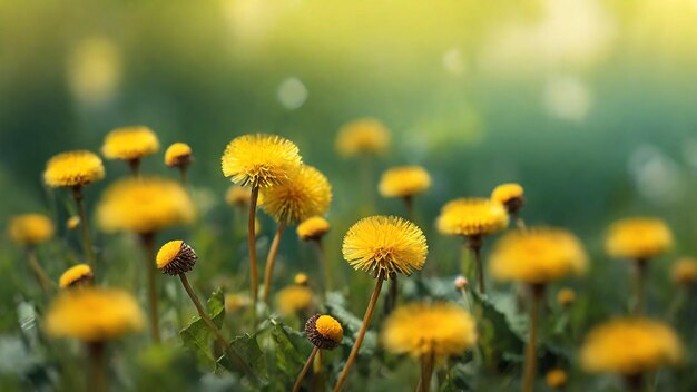 Des fleurs de pissenlit jaunes sur une prairie verte à la lumière du soleil