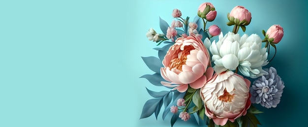 Fleurs de pivoine de printemps sur fond bleu pastel Vue de dessus dans un style plat Salutation pour la fête des femmes ou des mères ou la vente de printemps Banner Generative Ai