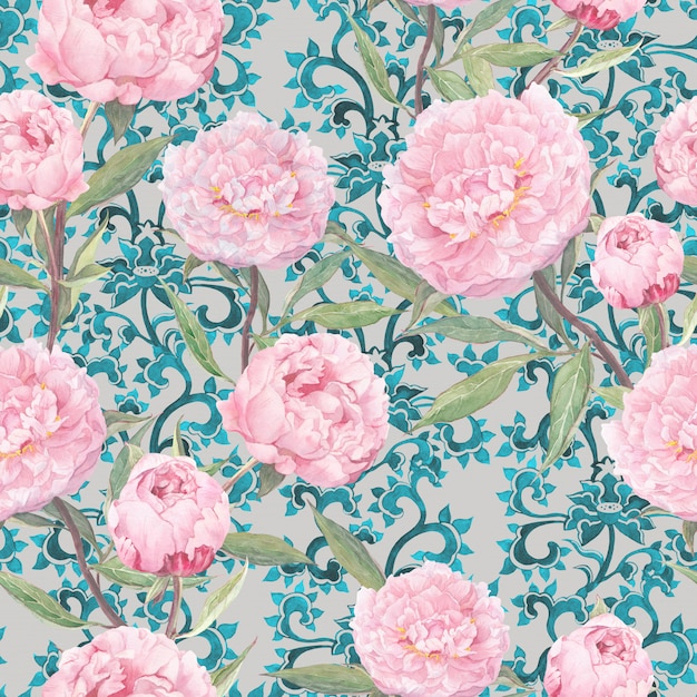 Fleurs de pivoine rose. Motif asiatique répétitif floral vintage, décor ornemental oriental. Aquarelle