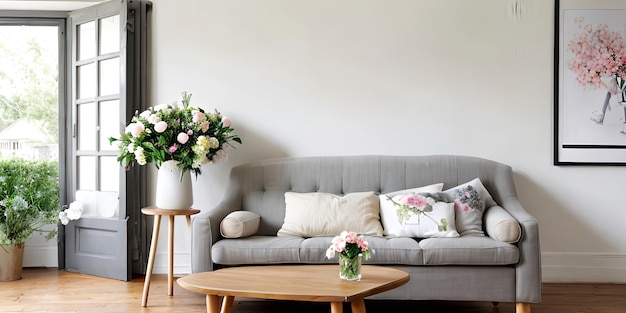 Des fleurs placées sur une table en bois et un canapé gris dans un salon blanc