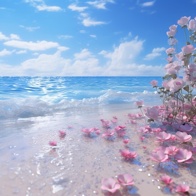 Des fleurs sur la plage avec un ciel bleu et de l'eau en arrière-plan