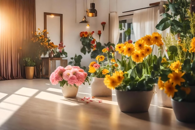 Fleurs sur un plancher en bois dans une pièce avec une fenêtre et une lampe.