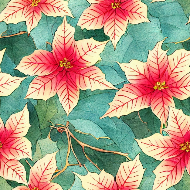 Fleurs et plantes de Noël festives. Motif répétitif sans couture. Aquarelle numérique