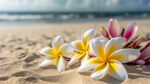 Fleurs de plumeria sur la plage sur le sable fleur de mise au point sélective IA générative