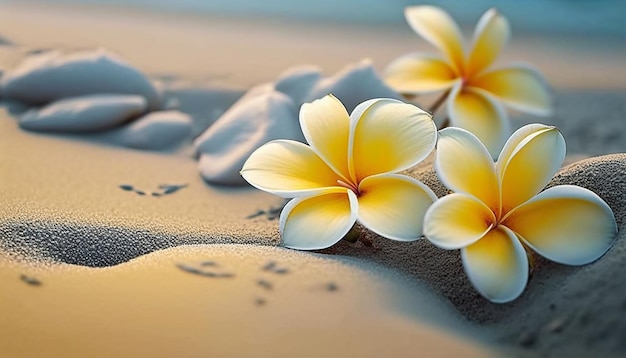 Fleurs de plumeria sur la plage sur le sable mise au point sélective AI générative