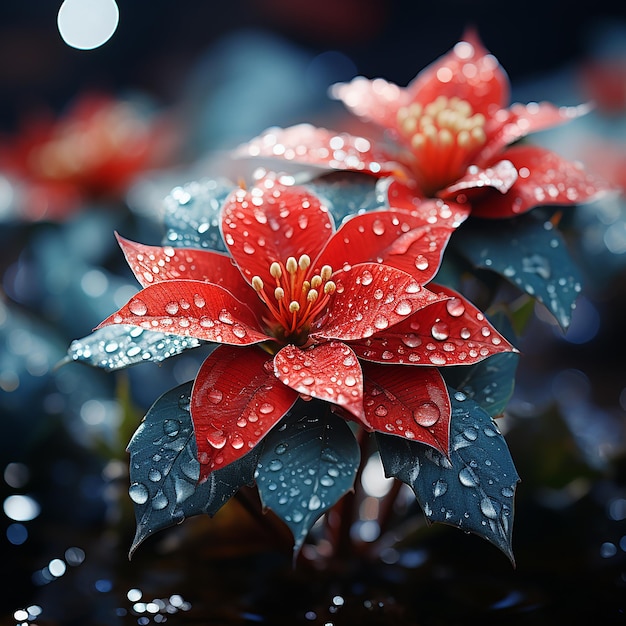 Les fleurs de poinsettia poussiéreuses dans une scène de Noël floue