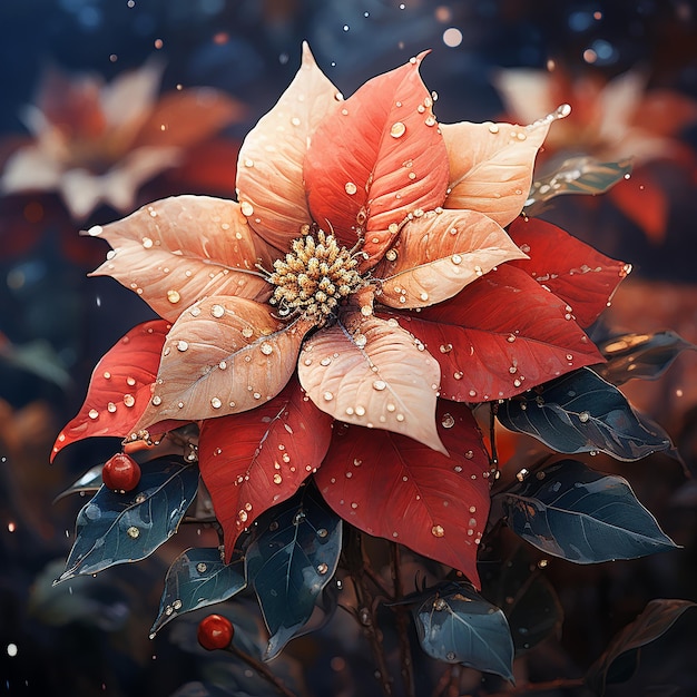 Photo les fleurs de poinsettia poussiéreuses dans une scène de noël floue