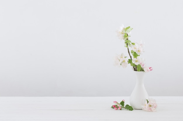 Fleurs de pomme dans un vase à l'intérieur blanc