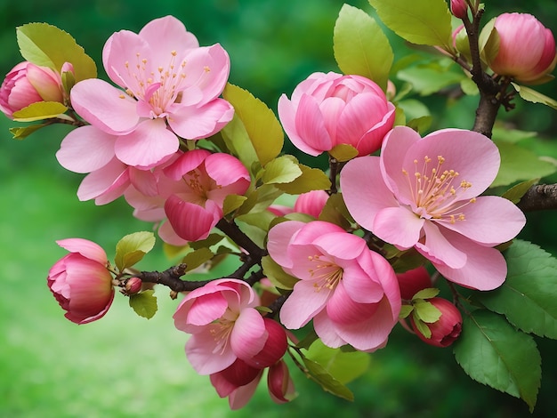 Fleurs de pomme rose sur la branche de feuilles vertes