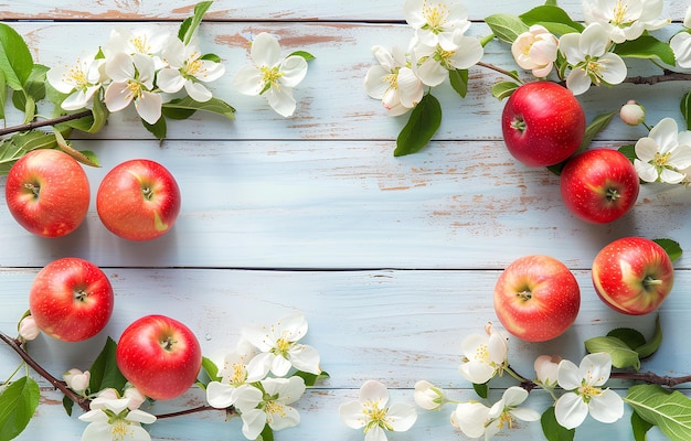 Des fleurs de pommes de printemps, des branches en fleurs et des pommes rouges sur une table en bois pastel.