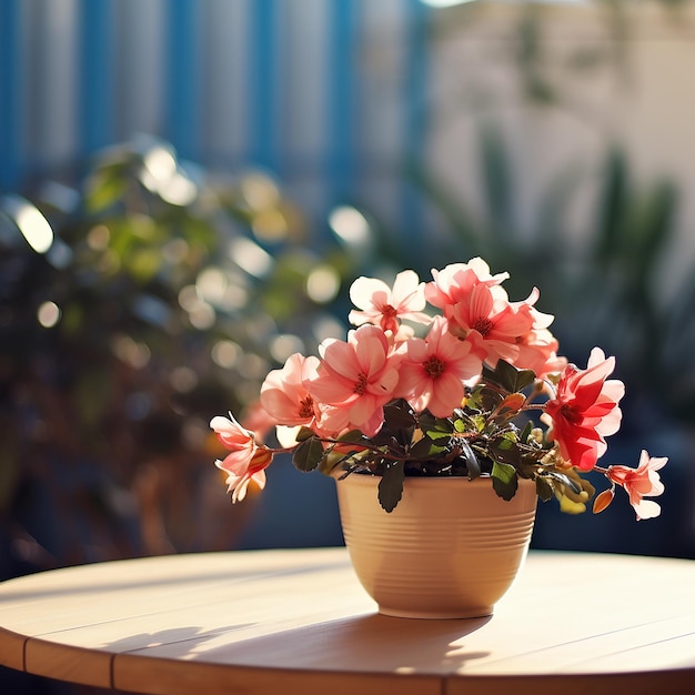 des fleurs en pot sur la table avec un fond flou