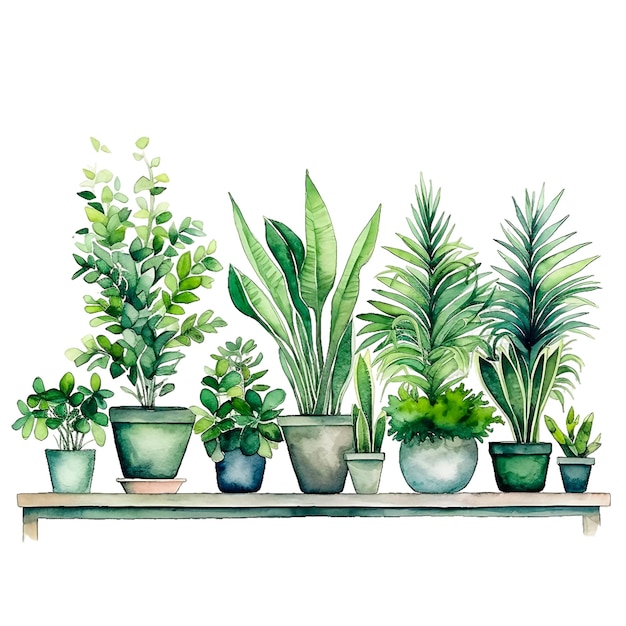 Des fleurs en pot vertes disposées en rangée l'une à côté de l'autre illustration de style aquarelle