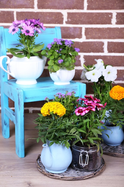 Fleurs en pots décoratifs sur chaise sur fond de briques