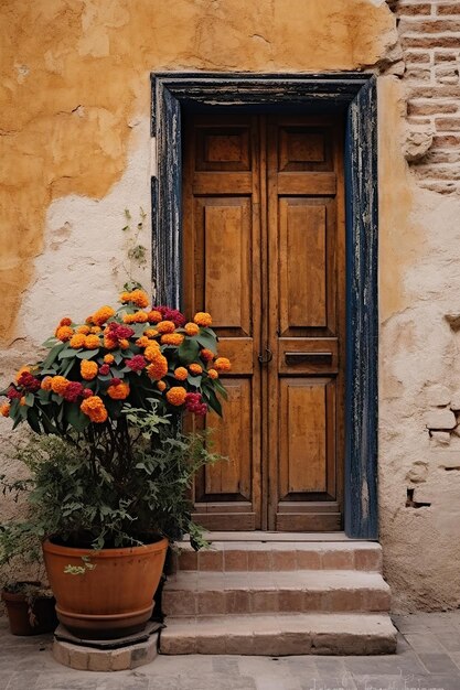 Fleurs en pots sur les marches d'une maison