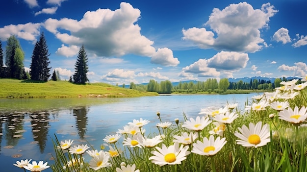 les fleurs poussent au bord d'un lac dans les montagnes ai génératif
