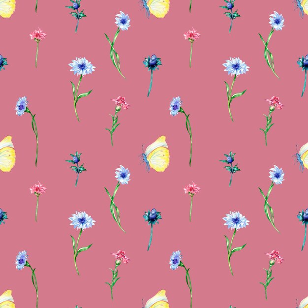 Fleurs de prairie avec motif sans couture aquarelle papillons sur rose