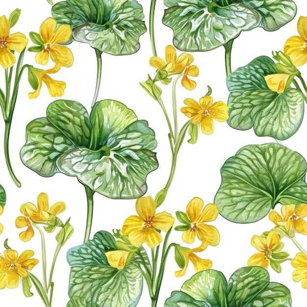 Fleurs de primevère aquarelle avec motif sans couture de feuilles