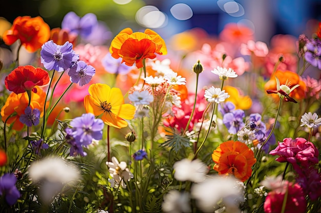 Fleurs printanières colorées dans le jardin avec fond bokeh Fleurs sauvages colorées qui fleurissent dans un jardin par une journée ensoleillée AI générée