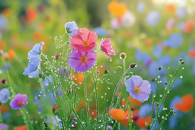 fleurs printanières avec rosée dans un jardin générées par l'IA