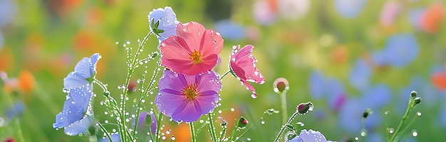 fleurs printanières avec rosée dans un jardin générées par l'IA